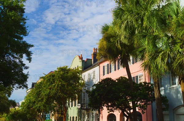 USA, South Carolina, Charleston, Rainbow Row, Bay Street, Houses in residential district.