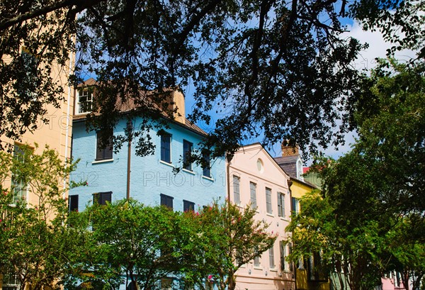 USA, South Carolina, Charleston, Rainbow Row, Bay Street, Houses in residential district.