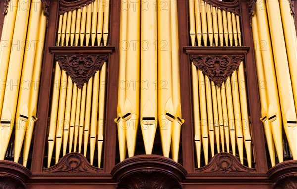 USA, South Carolina, Charleston, Close up of church pipe organs.