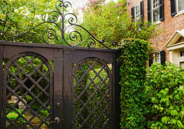 USA, South Carolina, Charleston, Close up of ornate iron gate.