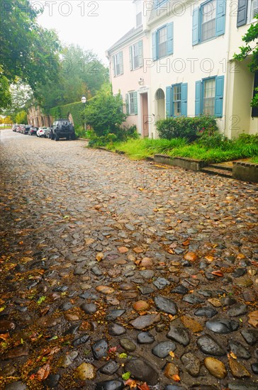 USA, South Carolina, Charleston, Old cobblestone street.