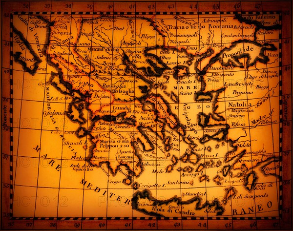 Studio shot of antique map showing Mediterranean area.