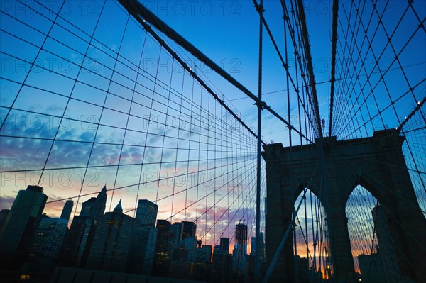 USA, New York State, New York City, Brooklyn Bridge at dusk.