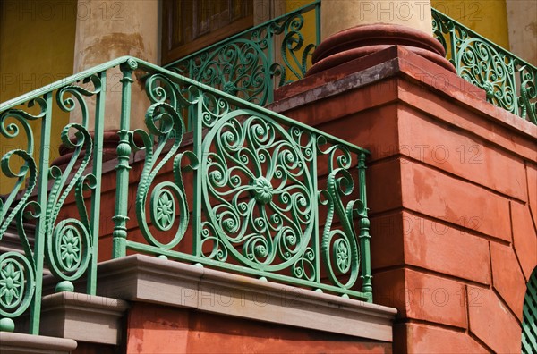 USA, South Carolina, Charleston, Green iron balustrade .