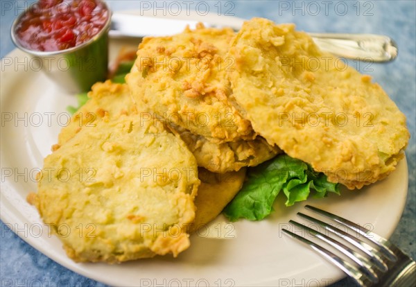 USA, South Carolina, Charleston, Close up fried green tomatoes on plate.