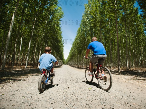 Father with son (8-9) cycling up country road.