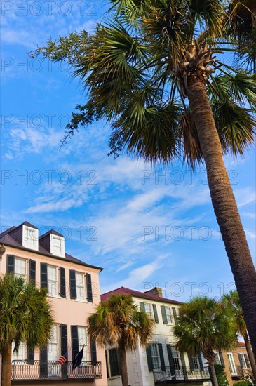 USA, South Carolina, Charleston, Rainbow Row, Bay Street, Houses in residential district.