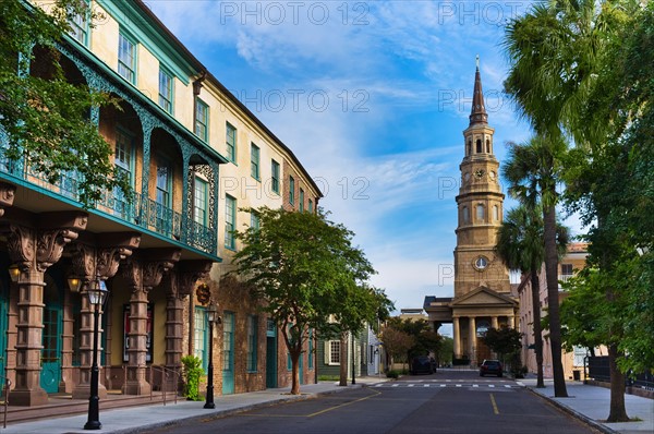 USA, South Carolina, Charleston, Church Street, Dock Street Theater, St. Philip's Church.