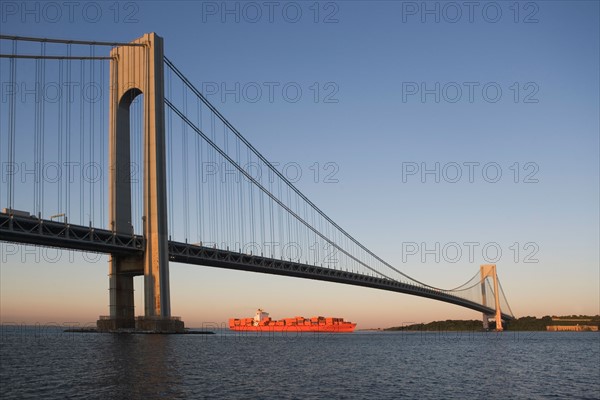USA, New York State, New York City, Brooklyn, Container Ship under Verrazano-Narrows Bridge. Photo : fotog