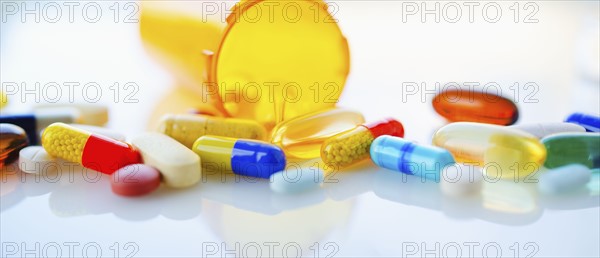 Colorful pills and capsules, studio shot.