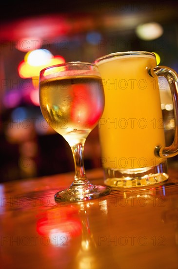 Drinks on bar counter.