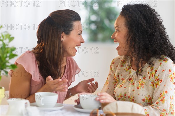 Two women chatting at cafe table.