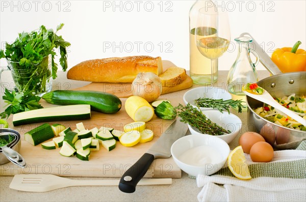 Ingredients and utensils, studio shot.