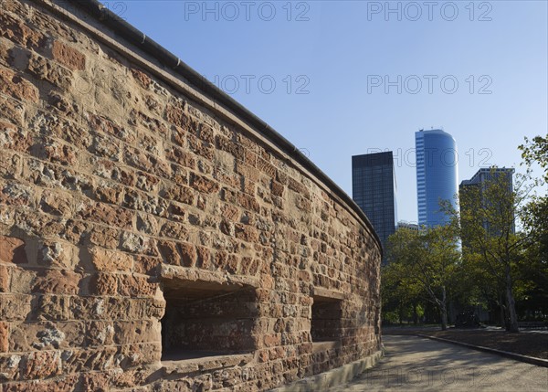 USA, New York State, New York City, View of Clinton Castle with skyscrapers on background.