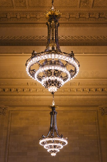 USA, New York State, New York City, Chandelier in Grand Central Station.