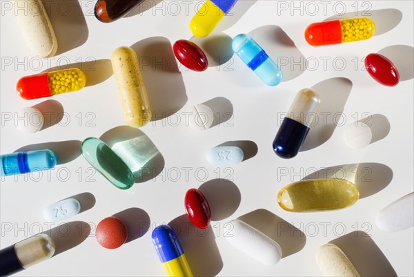 Studio shot of various pills and capsules.