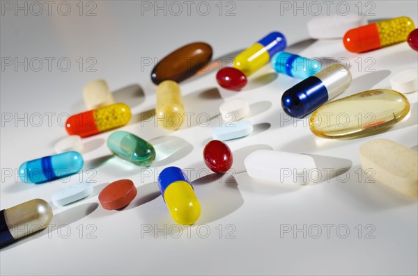 Studio shot of various pills and capsules.