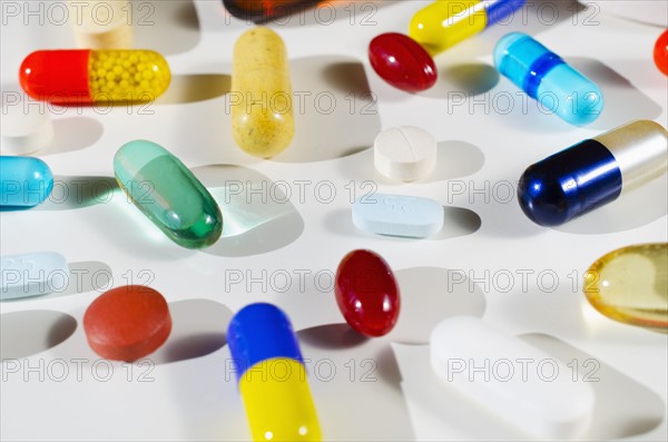 Studio shot of various pills and capsules.