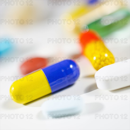 Studio shot of various pills and capsules.