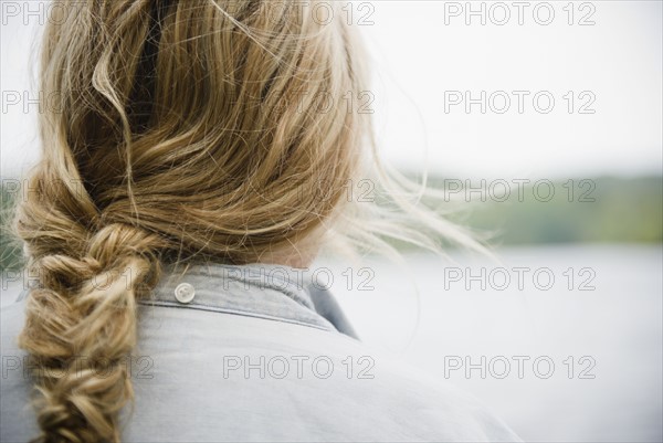 Roaring Brook Lake, Close up of woman's blond and braided hair. Photo : Jamie Grill