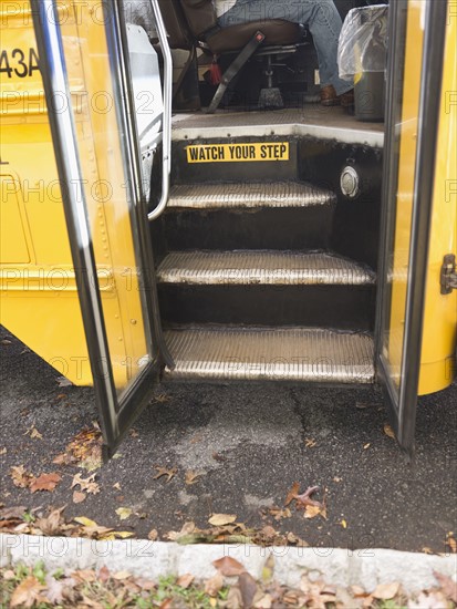 Close up of open door of school bus. Photo: Jamie Grill