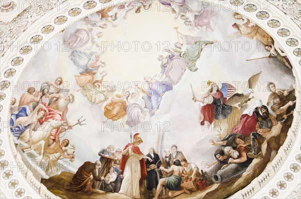 USA, Washington DC, Capitol Building, Close up of fresco on ceiling. Photo: Jamie Grill