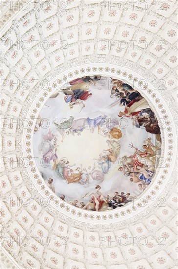 USA, Washington DC, Capitol Building, Close up of fresco and coffers on ceiling. Photo : Jamie Grill