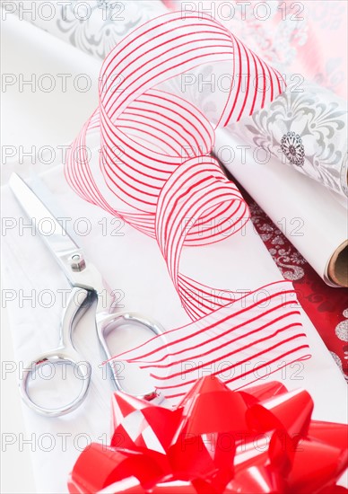 Wrapping paper, ribbon and scissors. Photo: Daniel Grill
