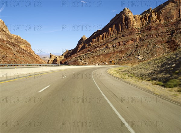 USA, Utah, Interstate 70 cutting through San Rafael Swell. Photo: John Kelly