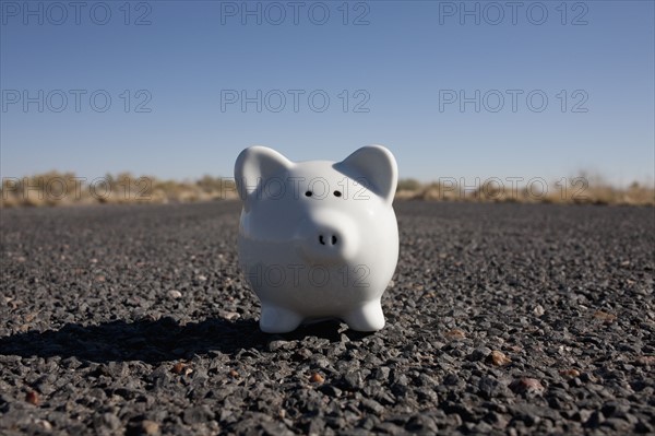 Piggy bank on asphalt road. Photo: Winslow Productions