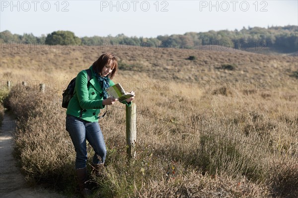 The Netherlands, Veluwezoom, Posbank, Woman reading guidebook in countryside. Photo : Jan Scherders