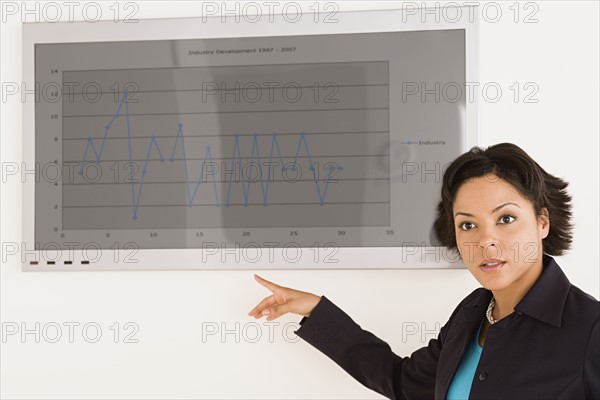 Businesswoman pointing at graph. Photo : Rob Lewine