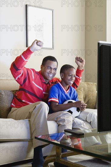 Father and Son (12-13) watching sports on tv. Photo: Rob Lewine