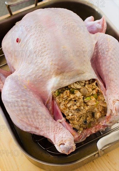 Raw turkey on roasting pan.