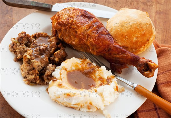 Studio shot of turkey leg with potatoes.