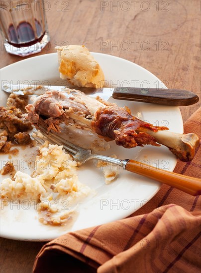 Studio shot of turkey leg with potatoes.