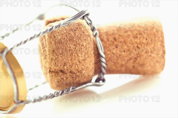 Close-up of champagne cork, studio shot.