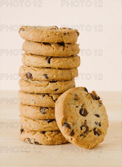 Close up of chocolate chip cookies, studio shot.