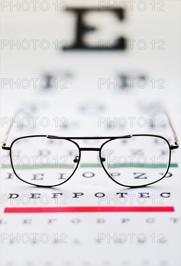 Close up of glasses on eye chart, studio shot.