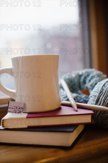 Mug with tea on books. Photo : Jamie Grill