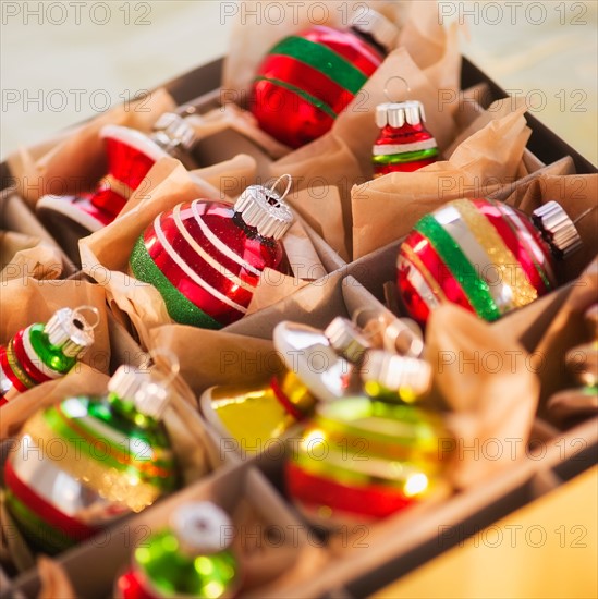 Christmas baubles in box. Photo : Daniel Grill