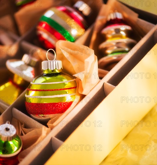 Christmas baubles in box. Photo : Daniel Grill