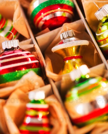 Christmas baubles in box. Photo : Daniel Grill