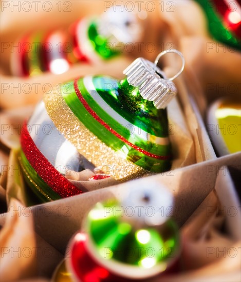 Christmas baubles in box. Photo : Daniel Grill