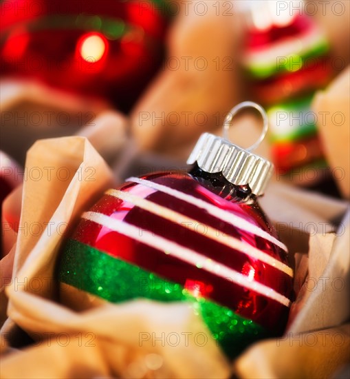 Christmas baubles in box. Photo : Daniel Grill