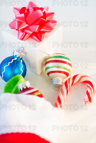 Still life with Christmas stocking and baubles. Photo : Daniel Grill