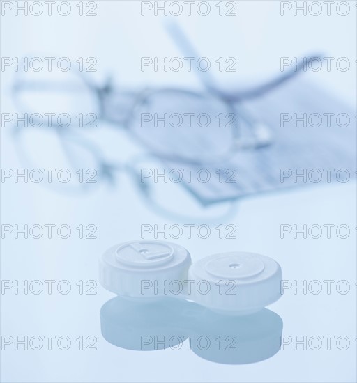 Studio shot of contact lens and spectacles. Photo : Daniel Grill