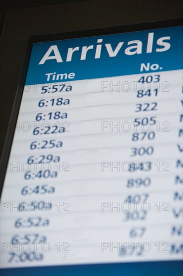 Close-up of arrival and departure board. Photo : fotog