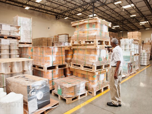 Warehouse worker scanning delivery.