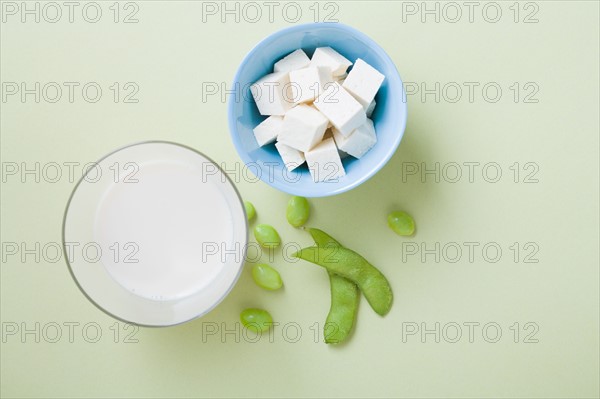 Tofu, soy milk and edamame, studio shot. Photo : Kristin Lee